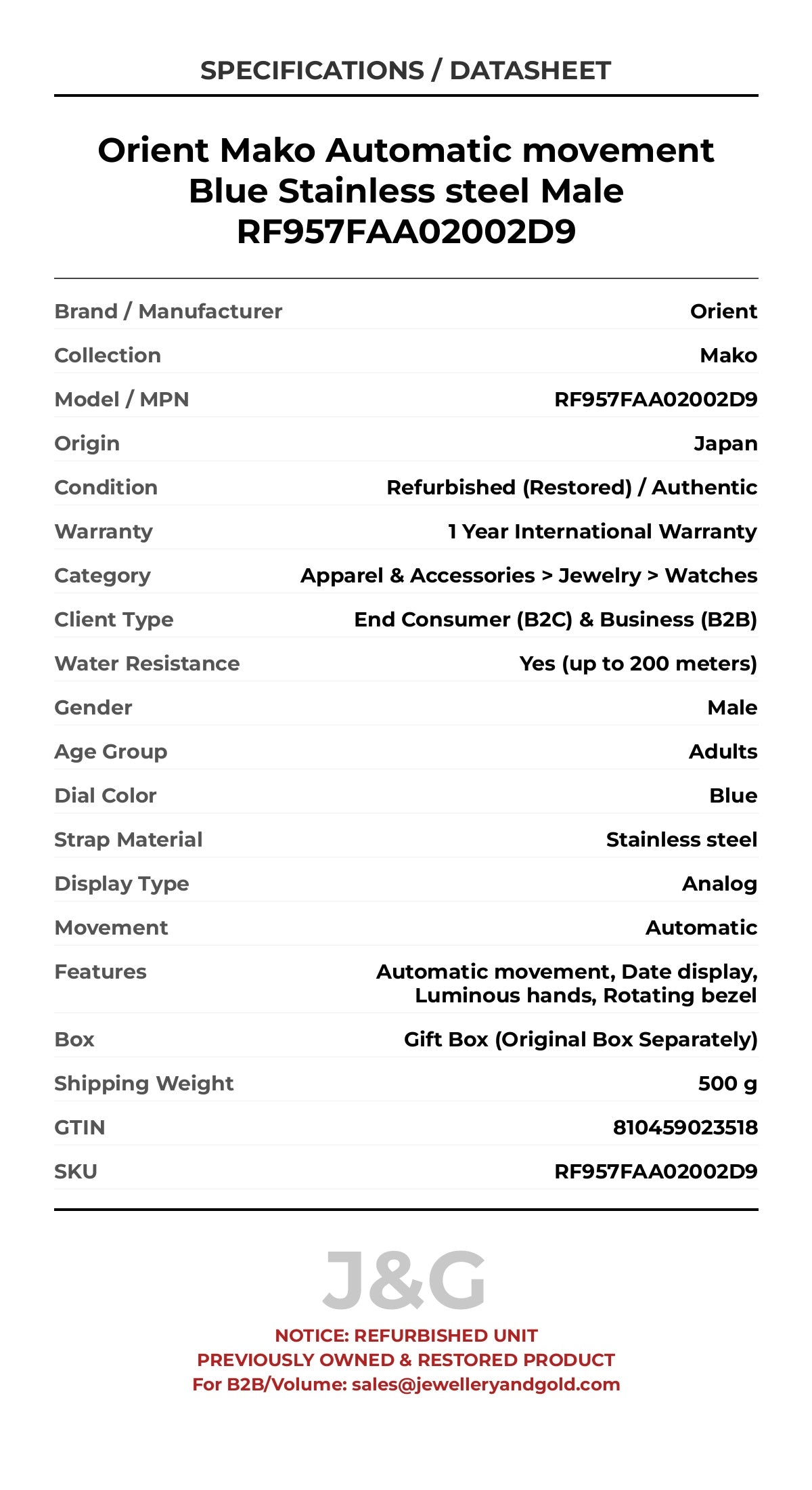 Orient Mako Automatic movement Blue Stainless steel Male RF957FAA02002D9 - Specifications