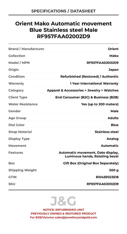 Orient Mako Automatic movement Blue Stainless steel Male RF957FAA02002D9 - Specifications
