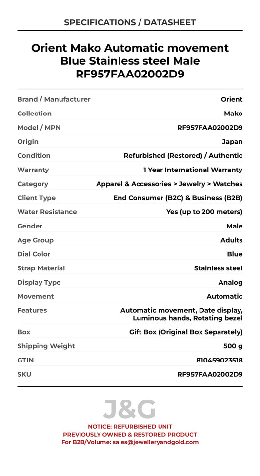 Orient Mako Automatic movement Blue Stainless steel Male RF957FAA02002D9 - Specifications