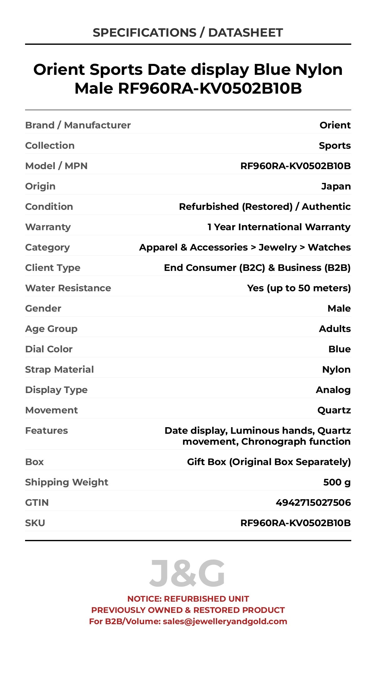 Orient Sports Date display Blue Nylon Male RF960RA-KV0502B10B - Specifications