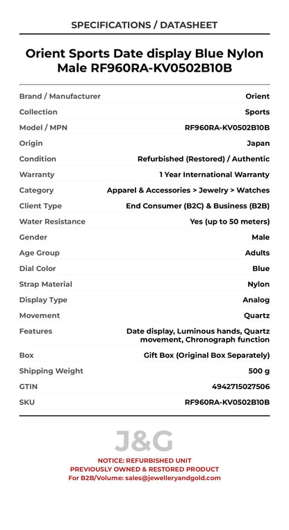 Orient Sports Date display Blue Nylon Male RF960RA-KV0502B10B - Specifications