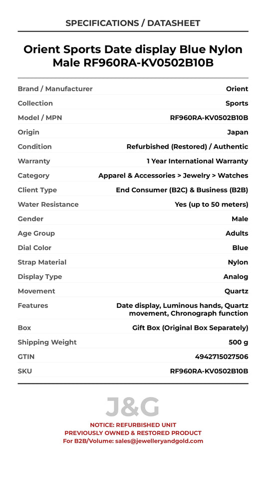 Orient Sports Date display Blue Nylon Male RF960RA-KV0502B10B - Specifications