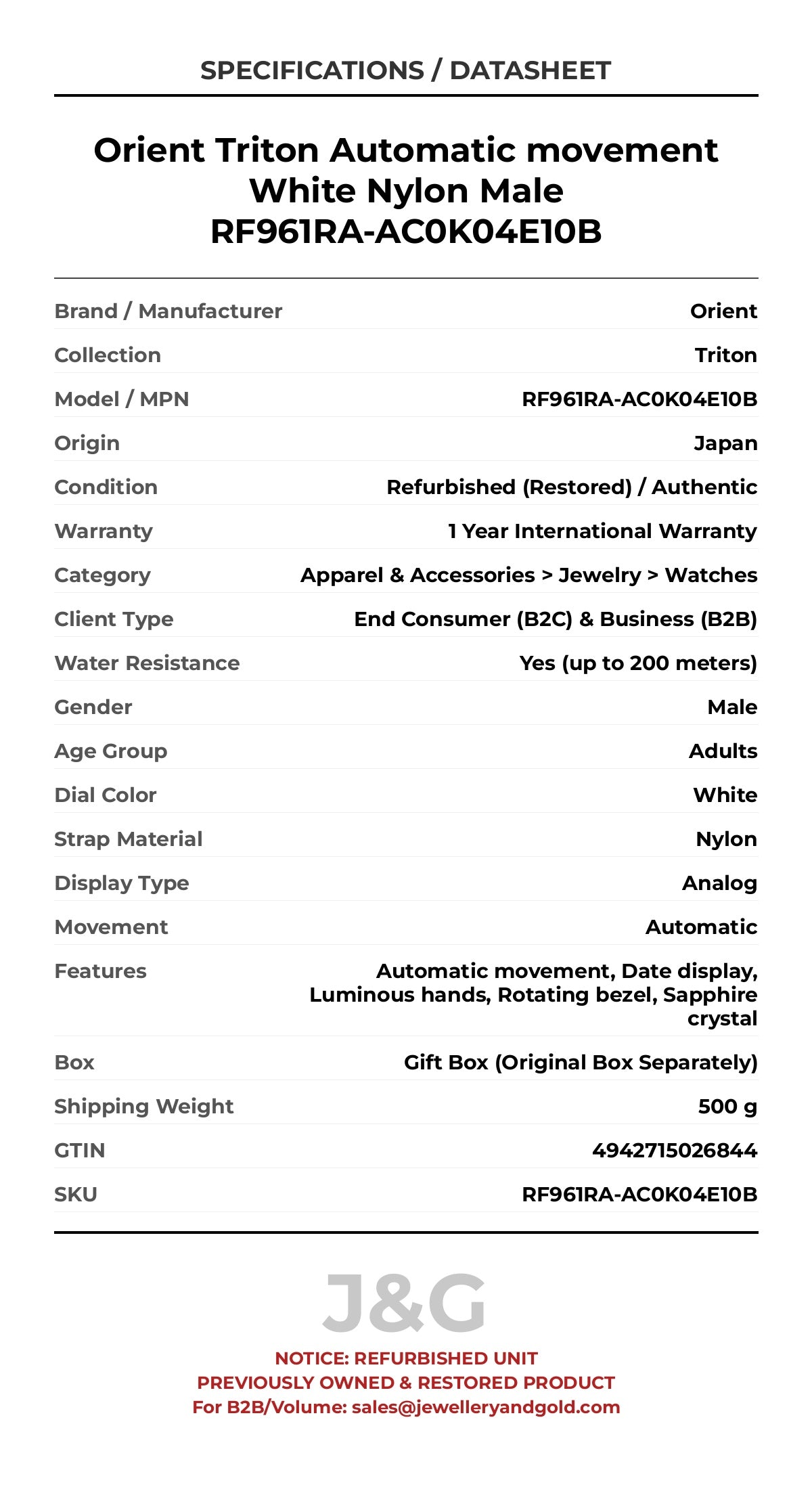 Orient Triton Automatic movement White Nylon Male RF961RA-AC0K04E10B - Specifications