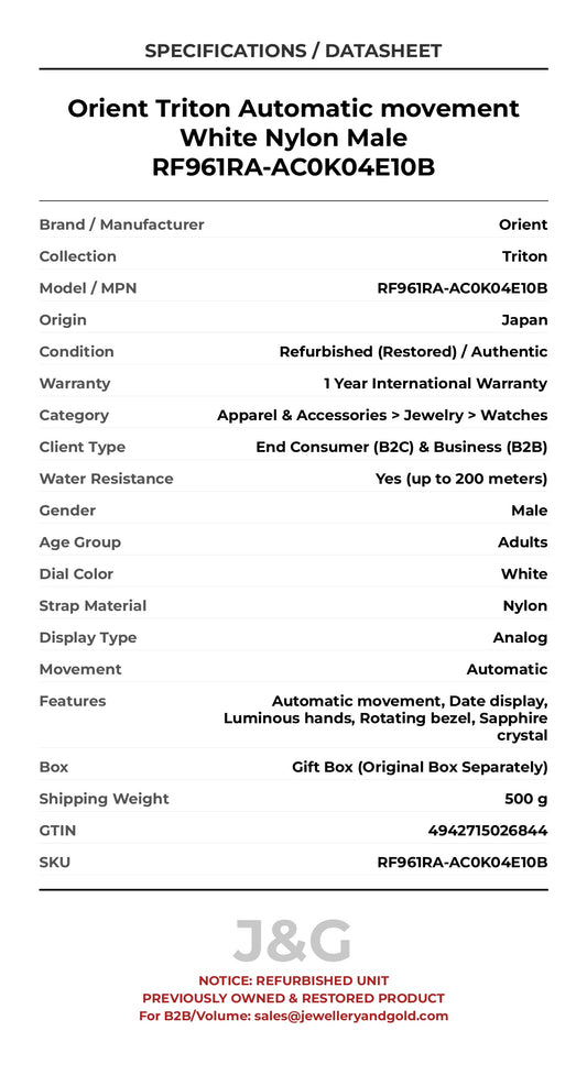 Orient Triton Automatic movement White Nylon Male RF961RA-AC0K04E10B - Specifications