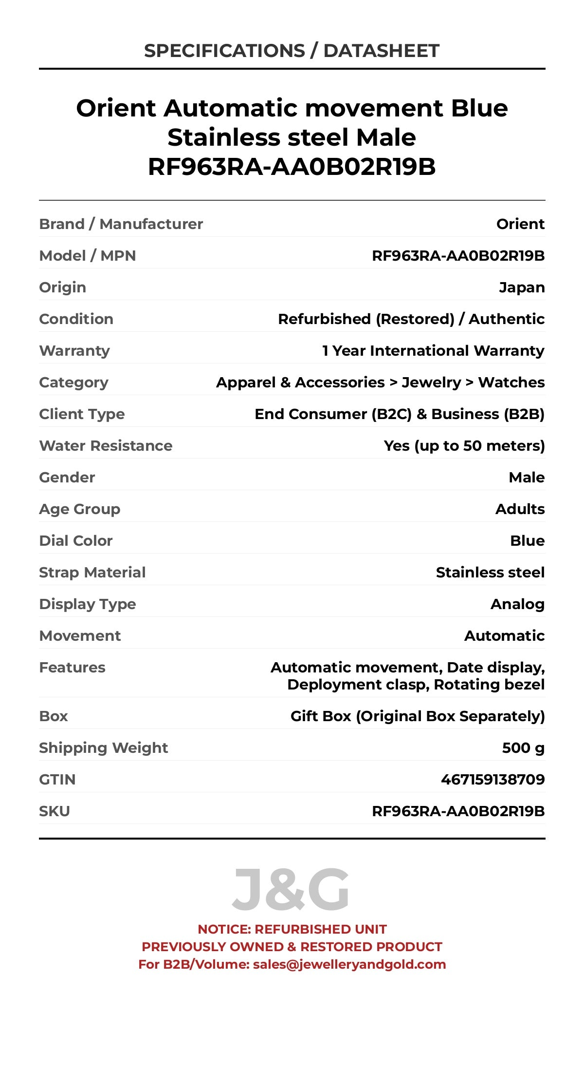 Orient Automatic movement Blue Stainless steel Male RF963RA-AA0B02R19B - Specifications