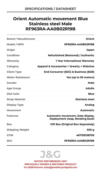 Orient Automatic movement Blue Stainless steel Male RF963RA-AA0B02R19B - Specifications