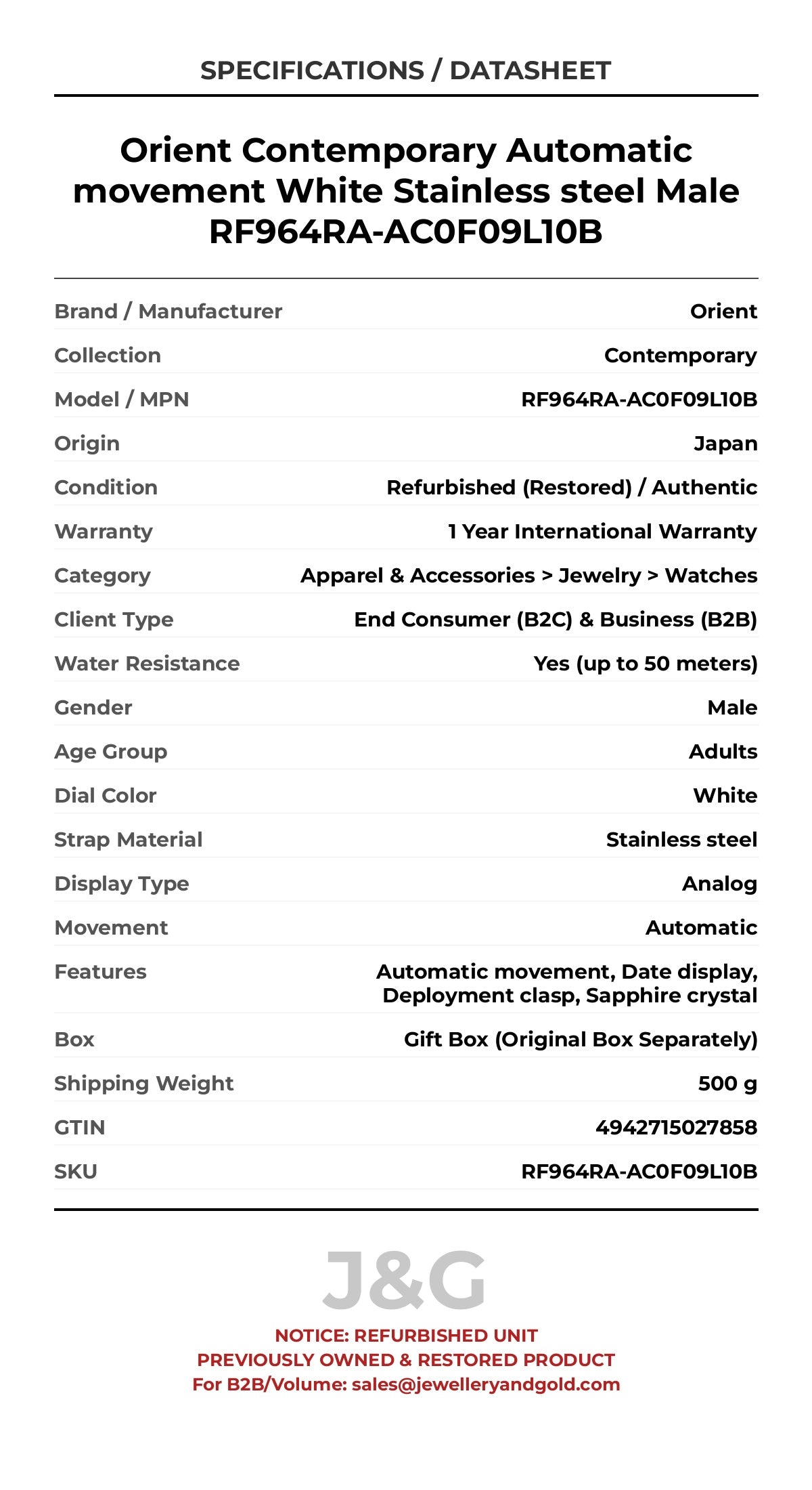 Orient Contemporary Automatic movement White Stainless steel Male RF964RA-AC0F09L10B - Specifications