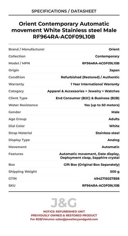 Orient Contemporary Automatic movement White Stainless steel Male RF964RA-AC0F09L10B - Specifications