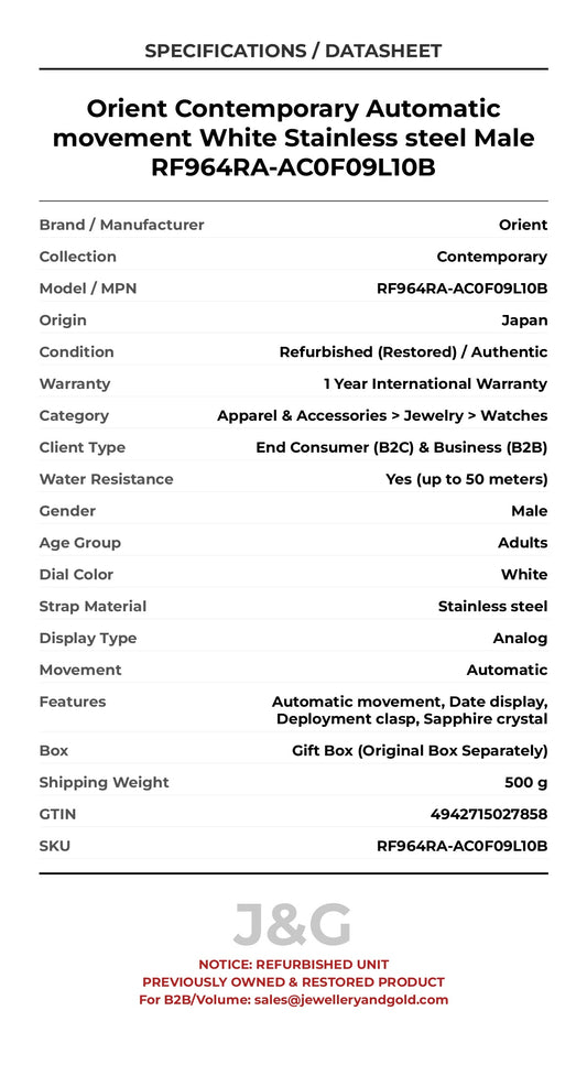 Orient Contemporary Automatic movement White Stainless steel Male RF964RA-AC0F09L10B - Specifications