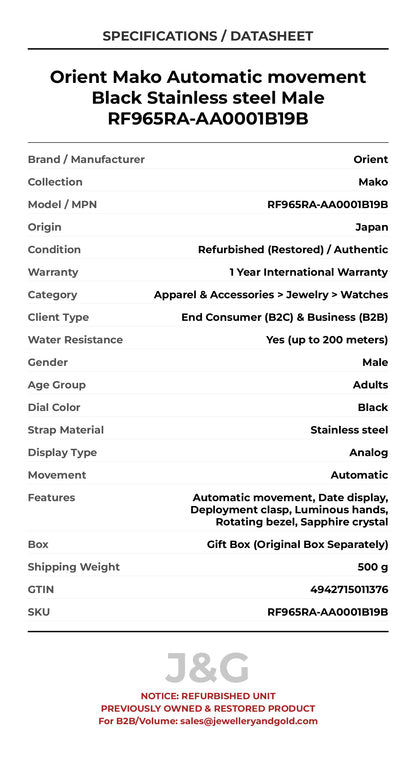 Orient Mako Automatic movement Black Stainless steel Male RF965RA-AA0001B19B - Specifications