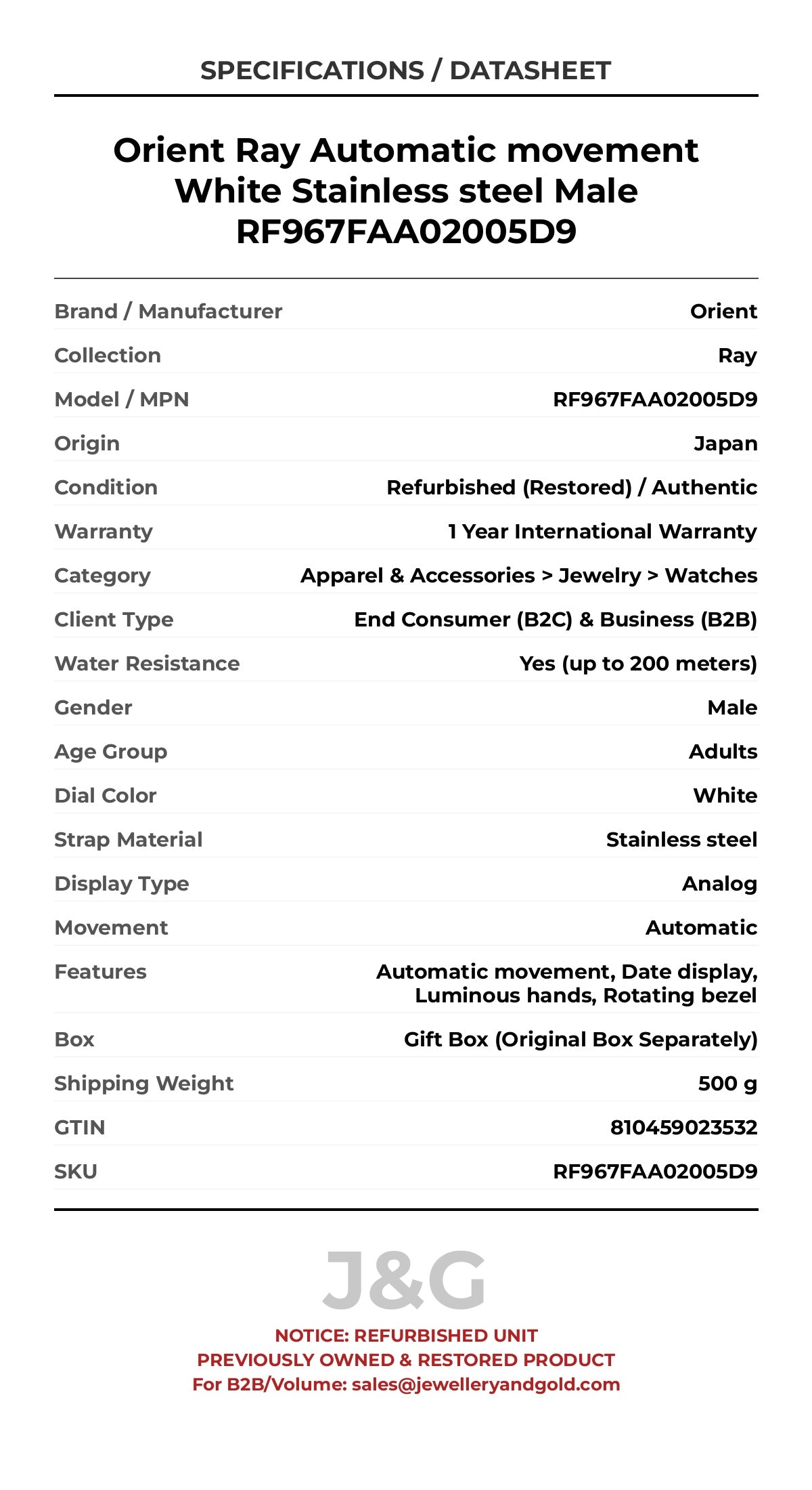 Orient Ray Automatic movement White Stainless steel Male RF967FAA02005D9 - Specifications
