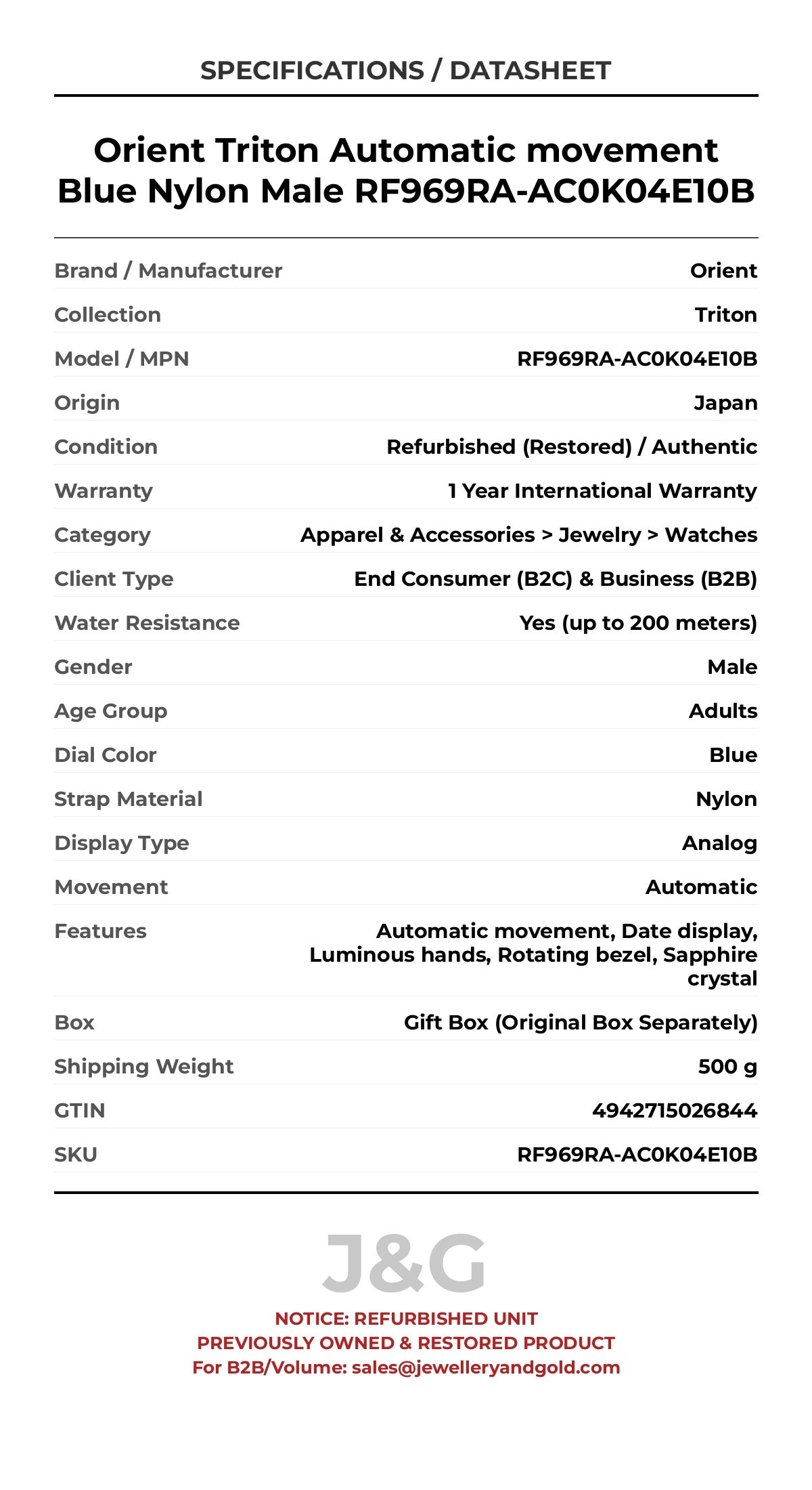 Orient Triton Automatic movement Blue Nylon Male RF969RA-AC0K04E10B - Specifications