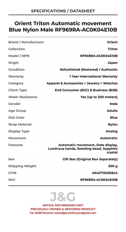 Orient Triton Automatic movement Blue Nylon Male RF969RA-AC0K04E10B - Specifications