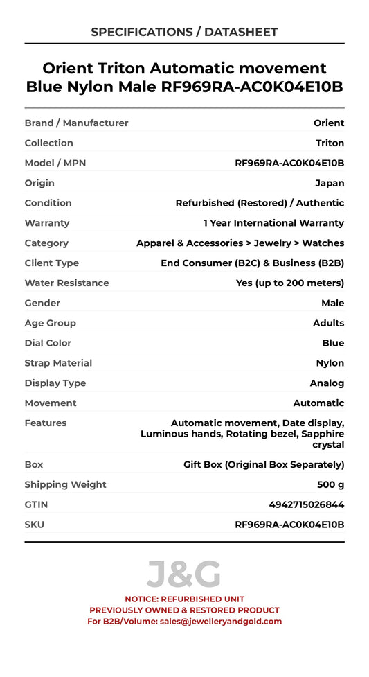 Orient Triton Automatic movement Blue Nylon Male RF969RA-AC0K04E10B - Specifications