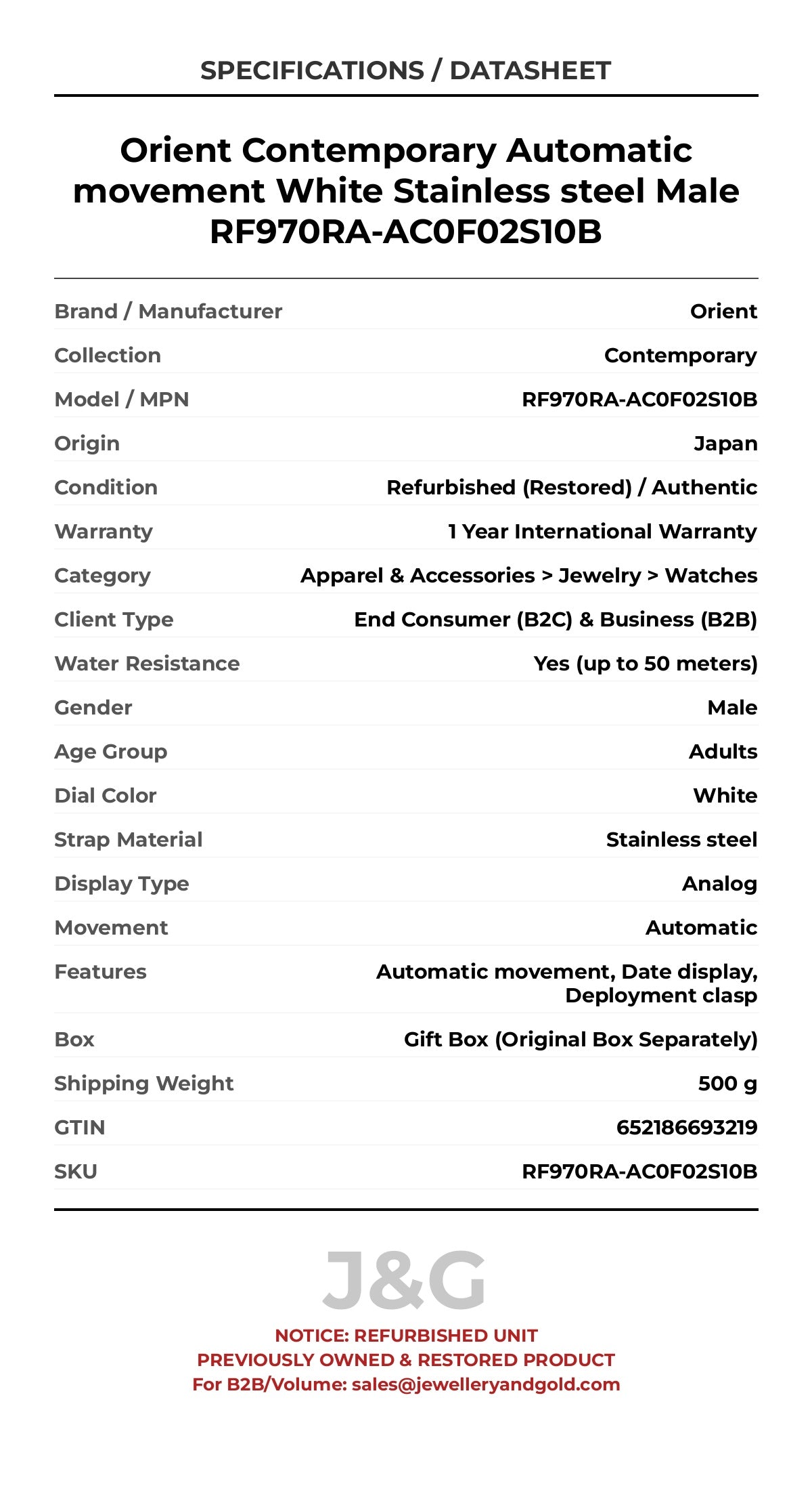 Orient Contemporary Automatic movement White Stainless steel Male RF970RA-AC0F02S10B - Specifications