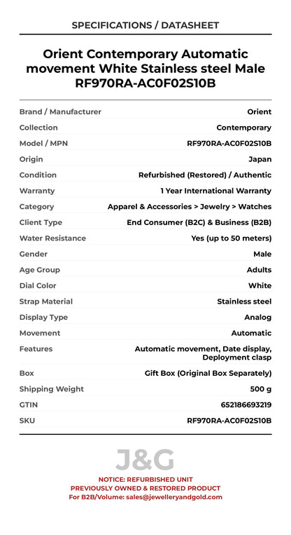 Orient Contemporary Automatic movement White Stainless steel Male RF970RA-AC0F02S10B - Specifications