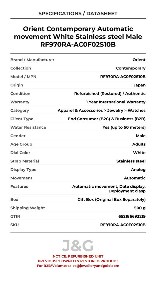Orient Contemporary Automatic movement White Stainless steel Male RF970RA-AC0F02S10B - Specifications