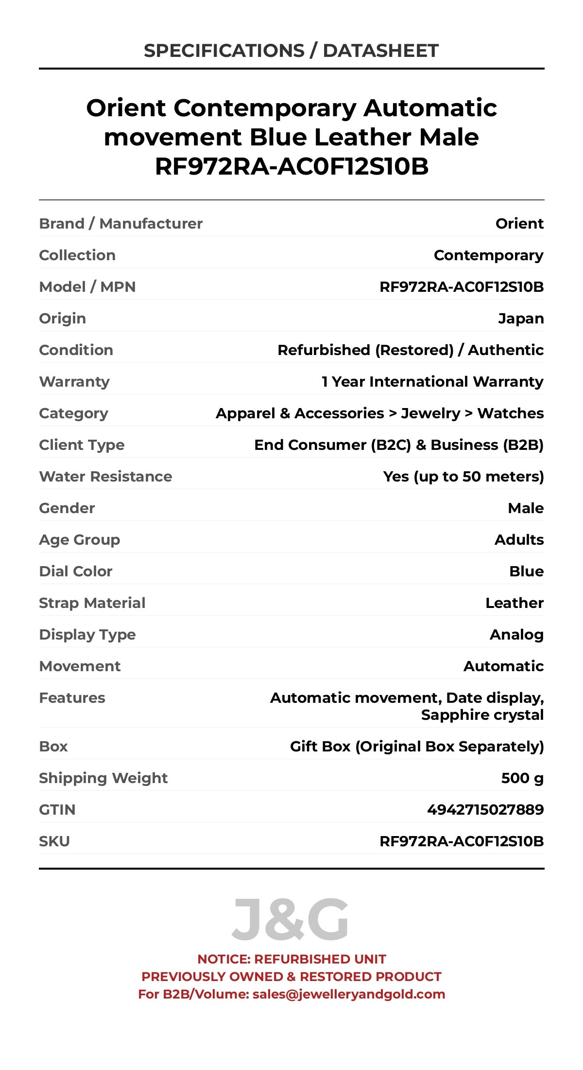 Orient Contemporary Automatic movement Blue Leather Male RF972RA-AC0F12S10B - Specifications
