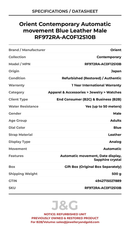 Orient Contemporary Automatic movement Blue Leather Male RF972RA-AC0F12S10B - Specifications