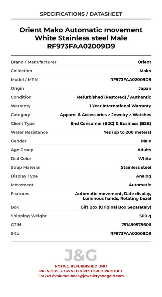 Orient Mako Automatic movement White Stainless steel Male RF973FAA02009D9 - Specifications