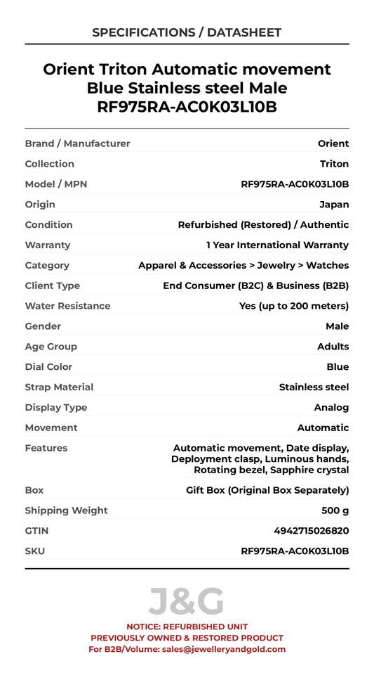 Orient Triton Automatic movement Blue Stainless steel Male RF975RA-AC0K03L10B - Specifications