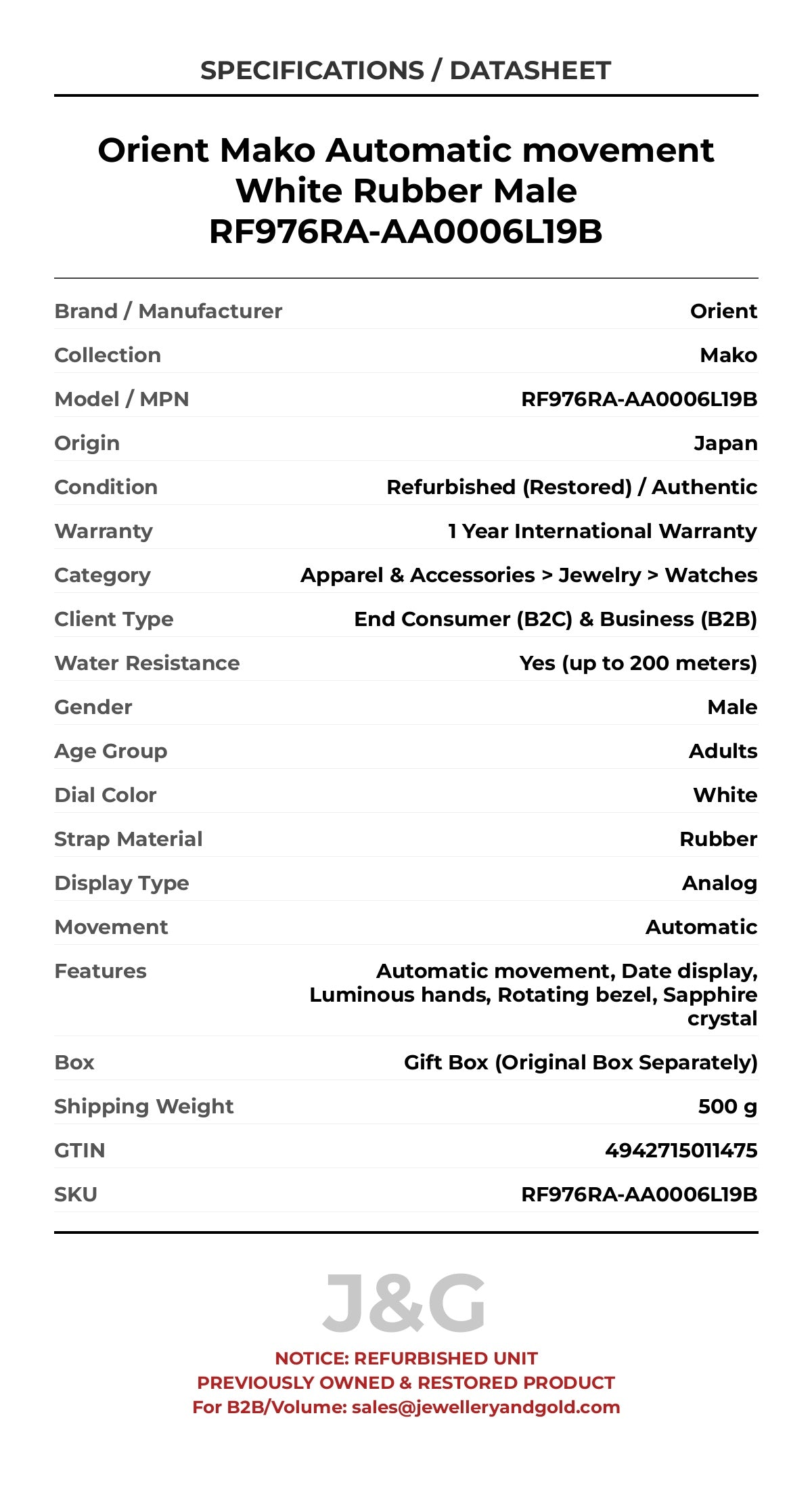 Orient Mako Automatic movement White Rubber Male RF976RA-AA0006L19B - Specifications