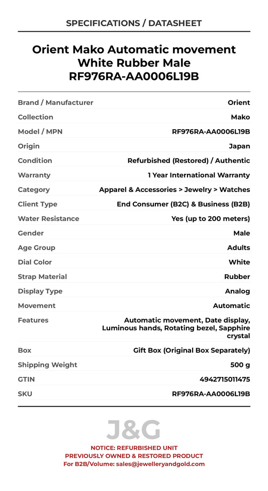Orient Mako Automatic movement White Rubber Male RF976RA-AA0006L19B - Specifications