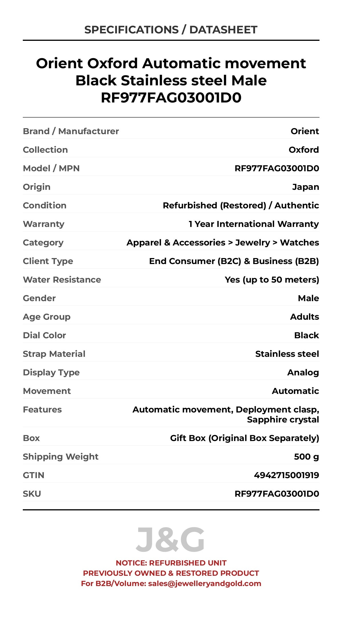 Orient Oxford Automatic movement Black Stainless steel Male RF977FAG03001D0 - Specifications