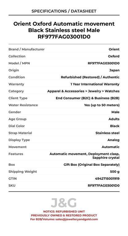 Orient Oxford Automatic movement Black Stainless steel Male RF977FAG03001D0 - Specifications