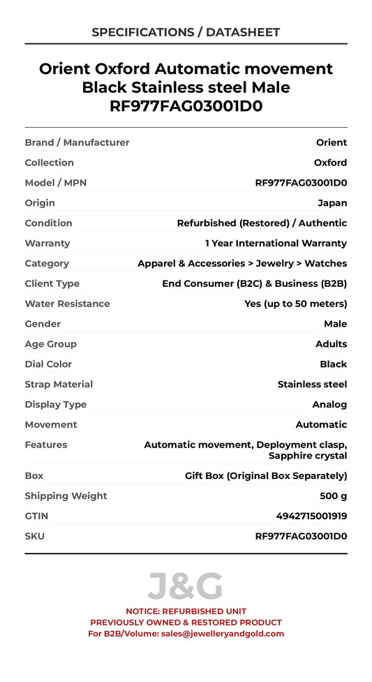 Orient Oxford Automatic movement Black Stainless steel Male RF977FAG03001D0 - Specifications