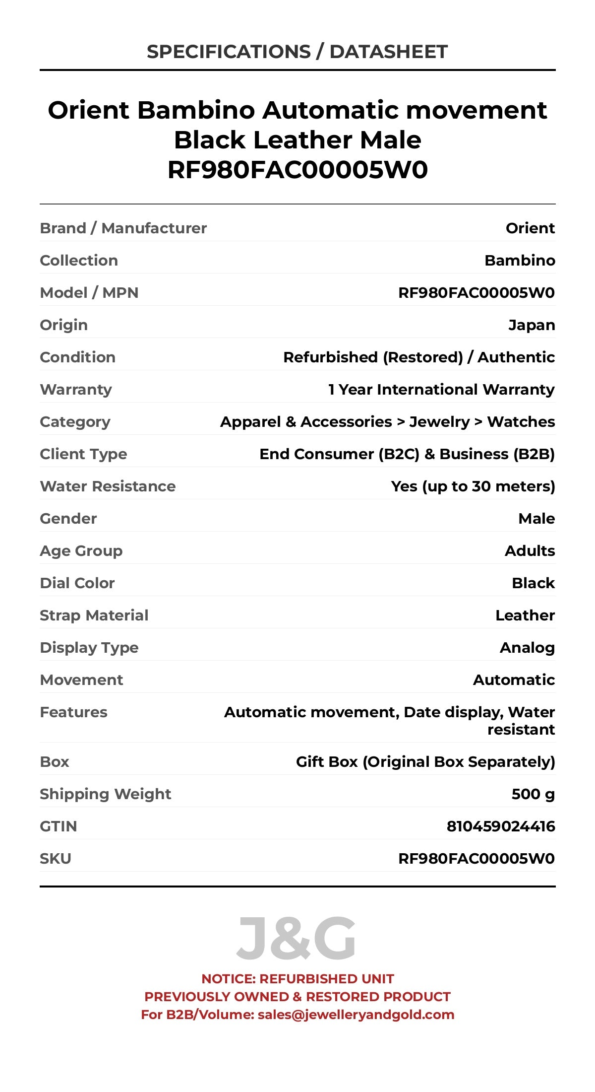 Orient Bambino Automatic movement Black Leather Male RF980FAC00005W0 - Specifications