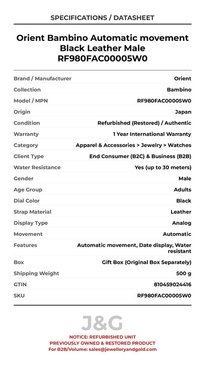 Orient Bambino Automatic movement Black Leather Male RF980FAC00005W0 - Specifications