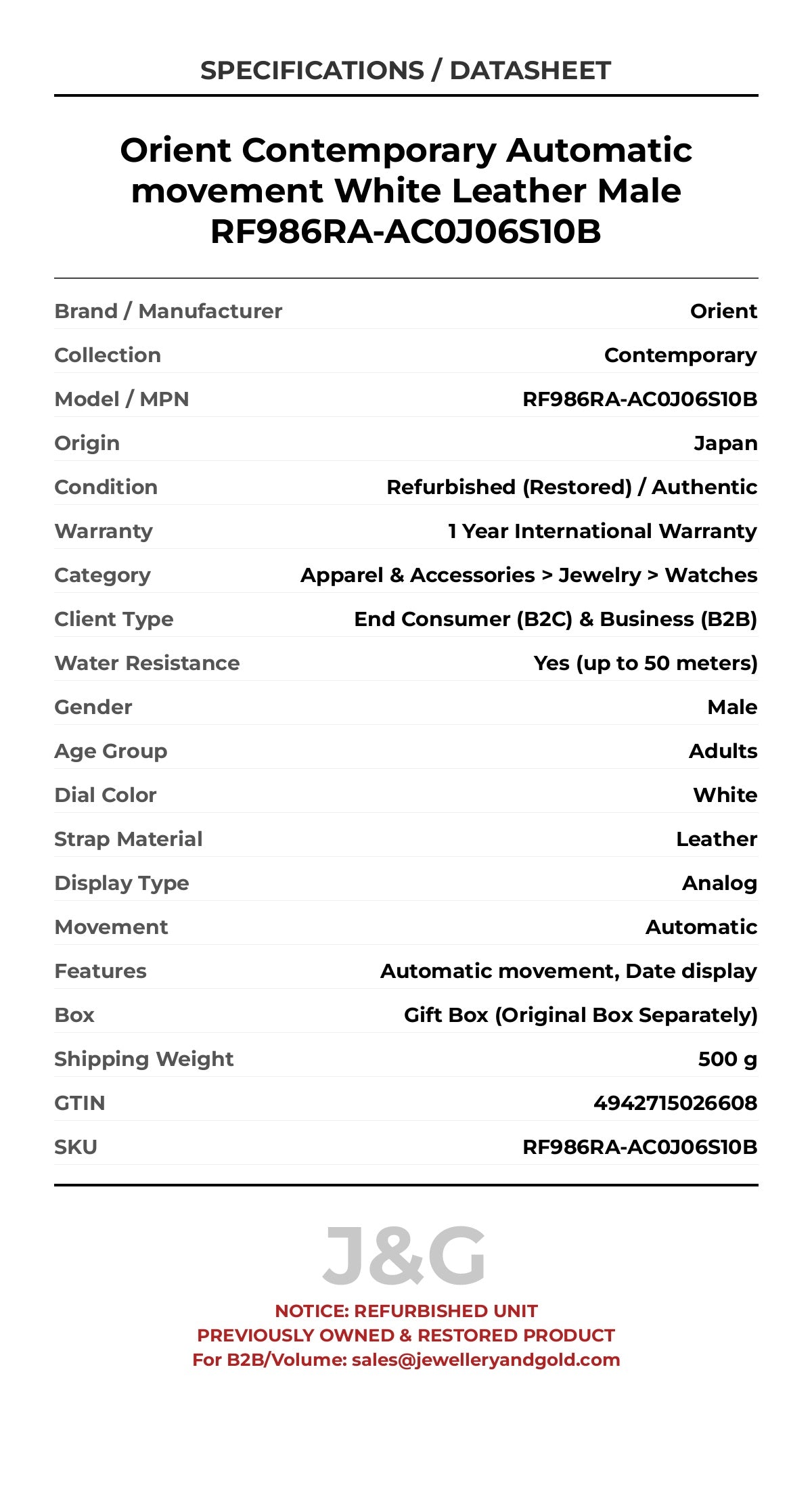 Orient Contemporary Automatic movement White Leather Male RF986RA-AC0J06S10B - Specifications