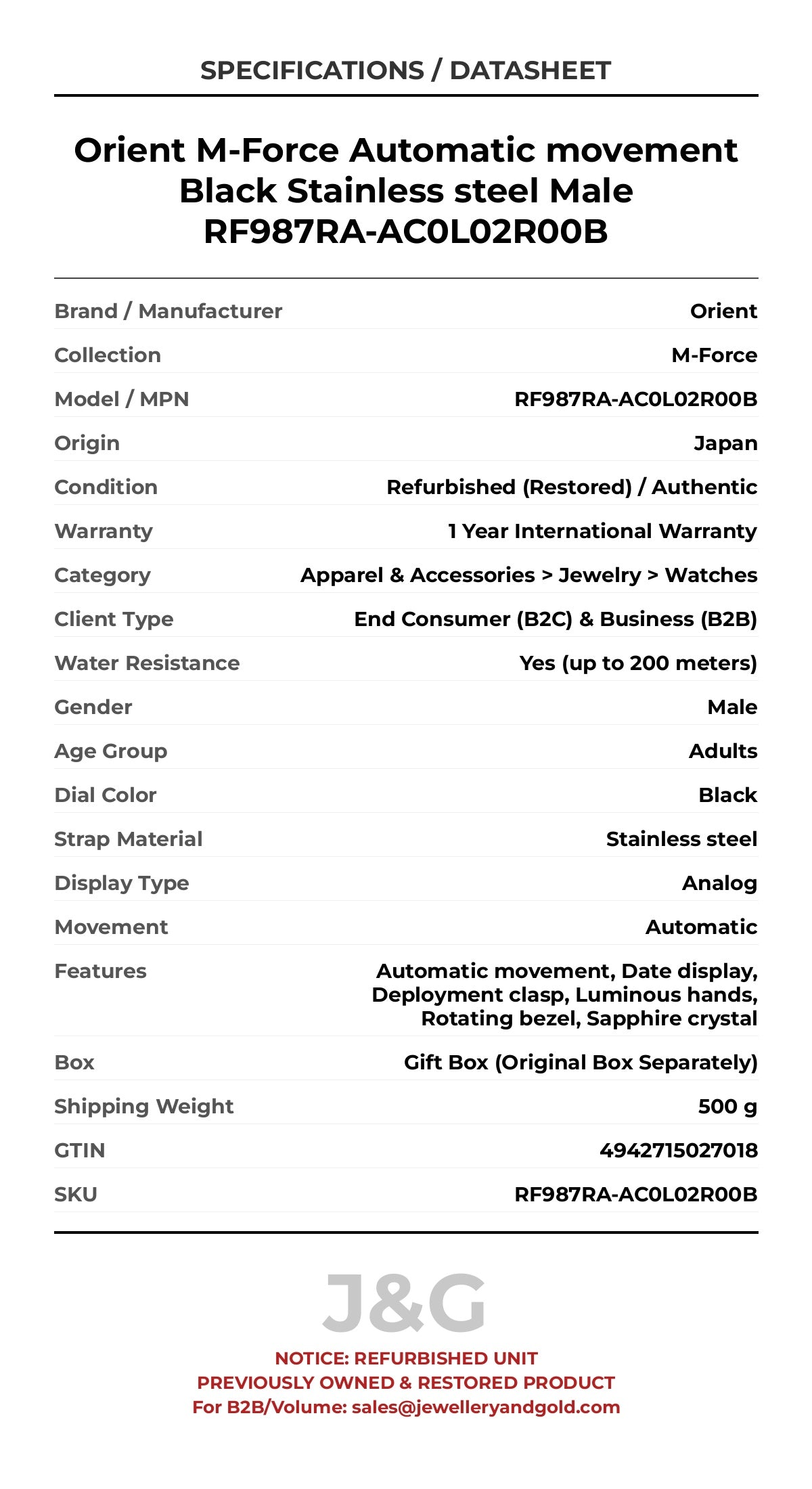 Orient M-Force Automatic movement Black Stainless steel Male RF987RA-AC0L02R00B - Specifications
