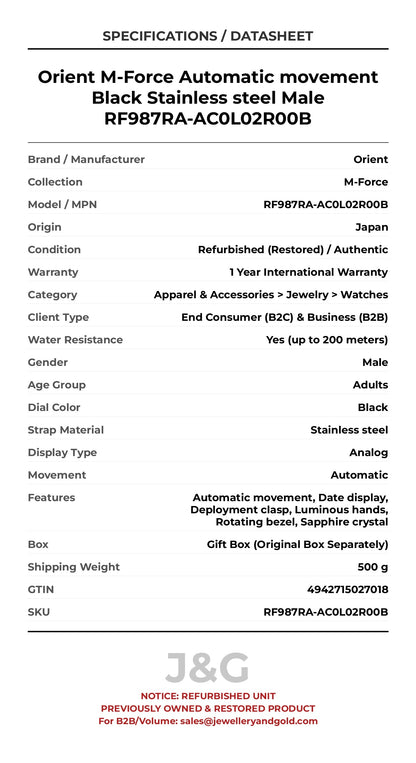 Orient M-Force Automatic movement Black Stainless steel Male RF987RA-AC0L02R00B - Specifications