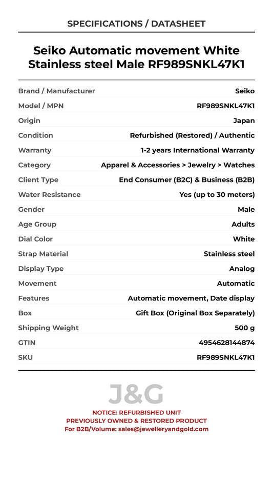 Seiko Automatic movement White Stainless steel Male RF989SNKL47K1 - Specifications