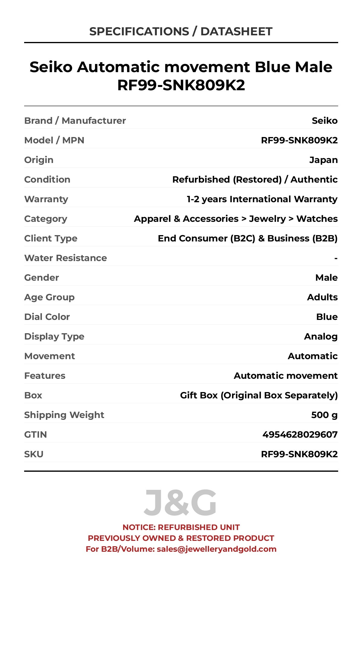 Seiko Automatic movement Blue Male RF99-SNK809K2 - Specifications