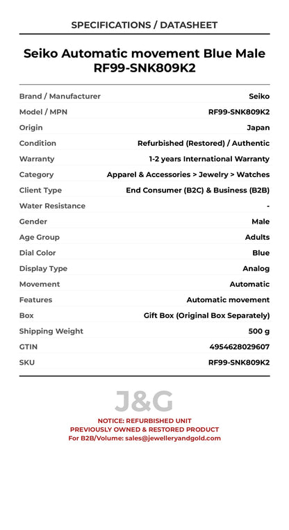 Seiko Automatic movement Blue Male RF99-SNK809K2 - Specifications