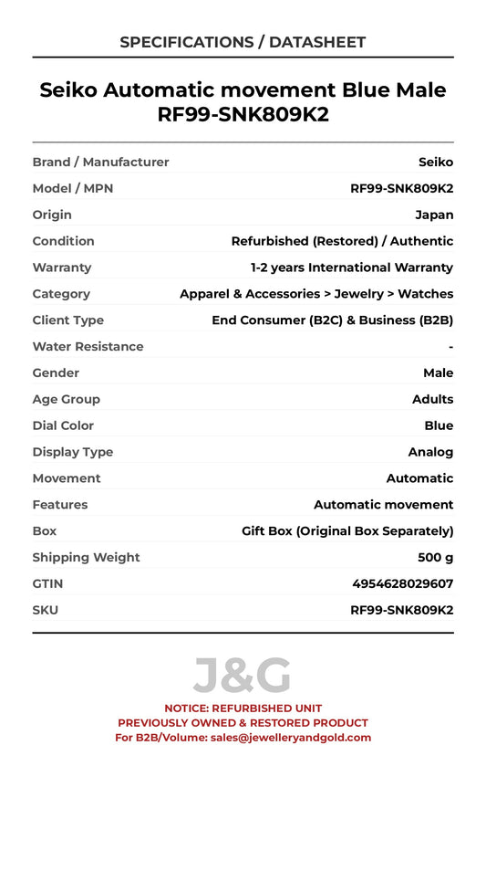Seiko Automatic movement Blue Male RF99-SNK809K2 - Specifications
