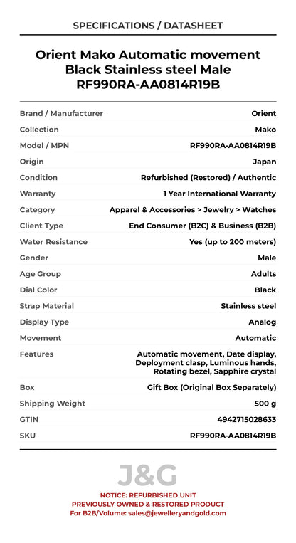 Orient Mako Automatic movement Black Stainless steel Male RF990RA-AA0814R19B - Specifications