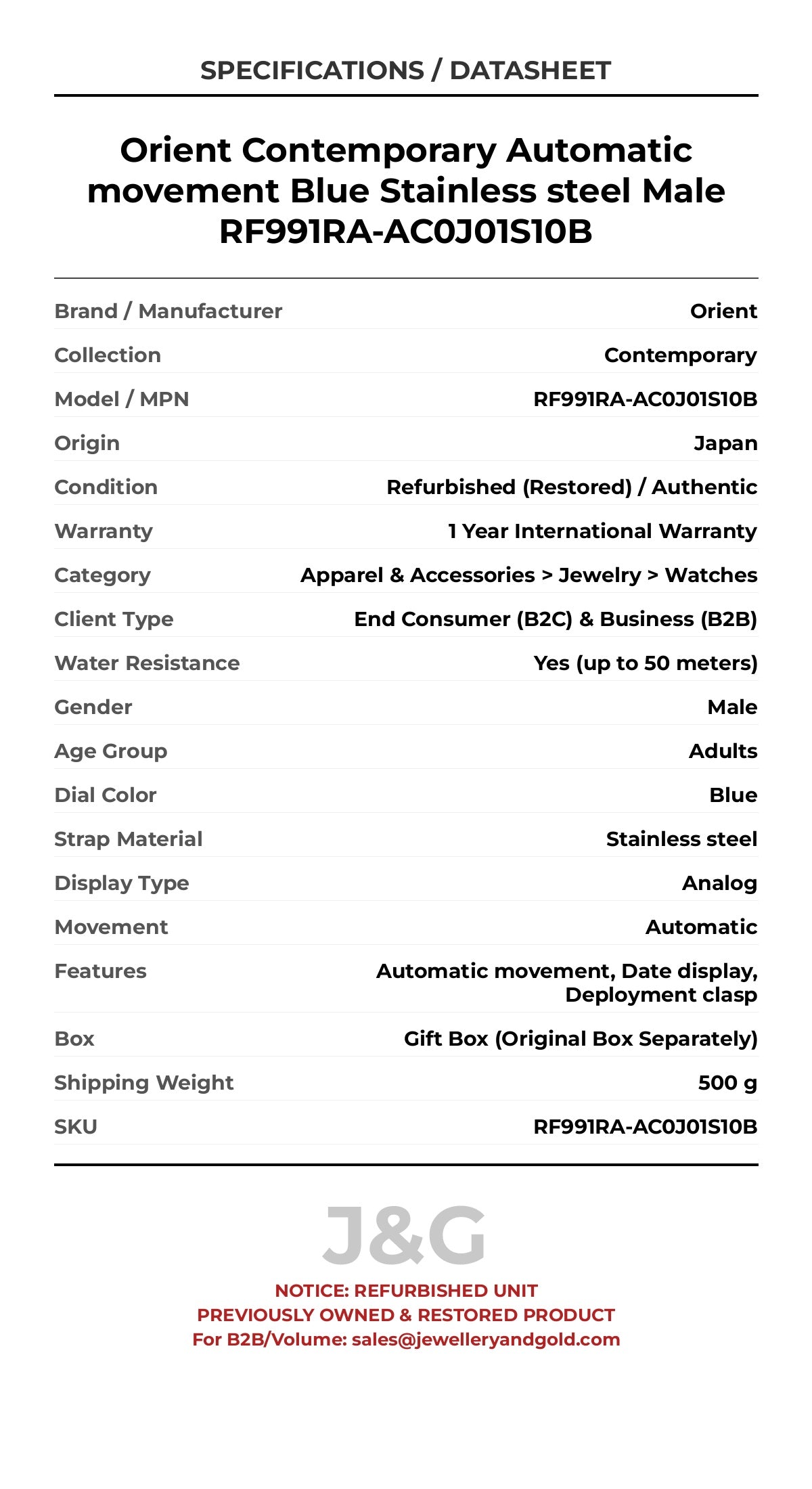 Orient Contemporary Automatic movement Blue Stainless steel Male RF991RA-AC0J01S10B - Specifications