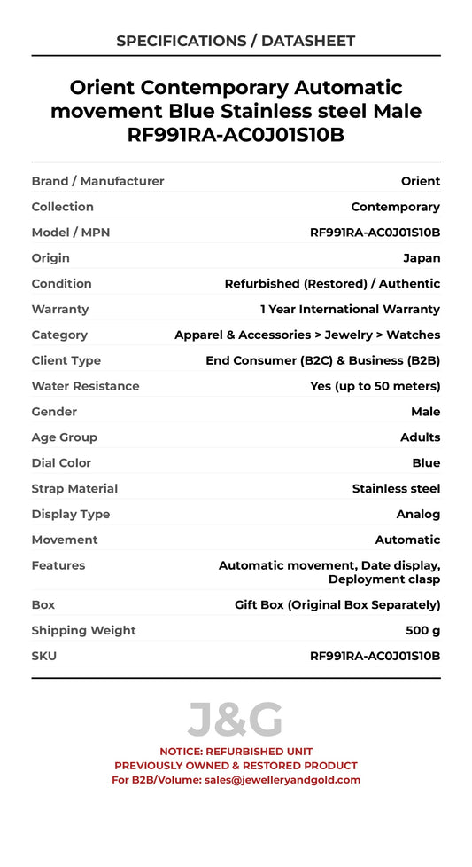 Orient Contemporary Automatic movement Blue Stainless steel Male RF991RA-AC0J01S10B - Specifications