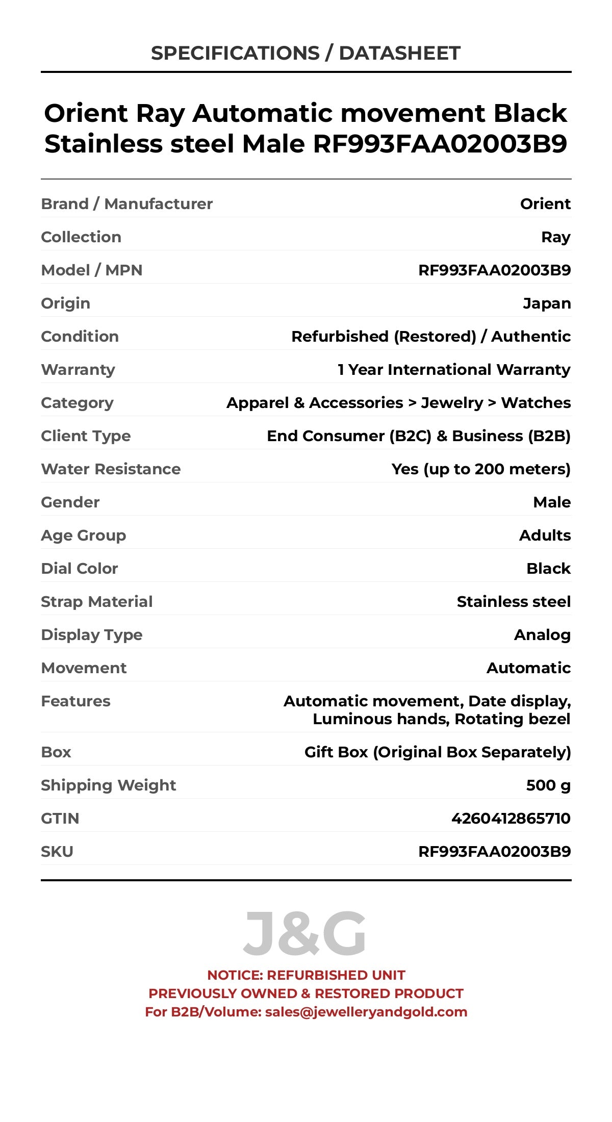 Orient Ray Automatic movement Black Stainless steel Male RF993FAA02003B9 - Specifications