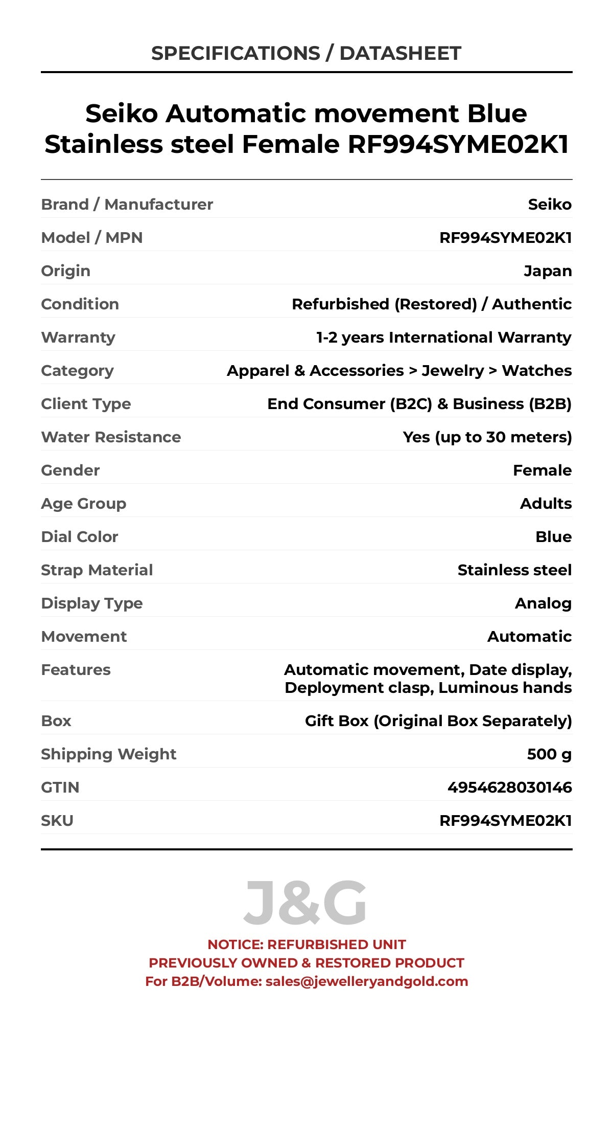 Seiko Automatic movement Blue Stainless steel Female RF994SYME02K1 - Specifications