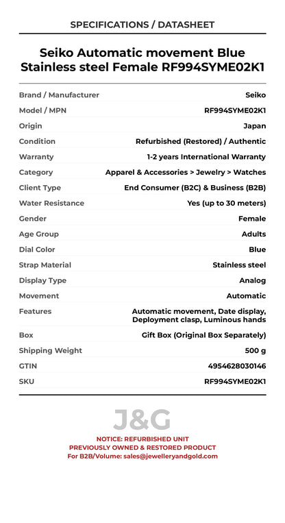 Seiko Automatic movement Blue Stainless steel Female RF994SYME02K1 - Specifications