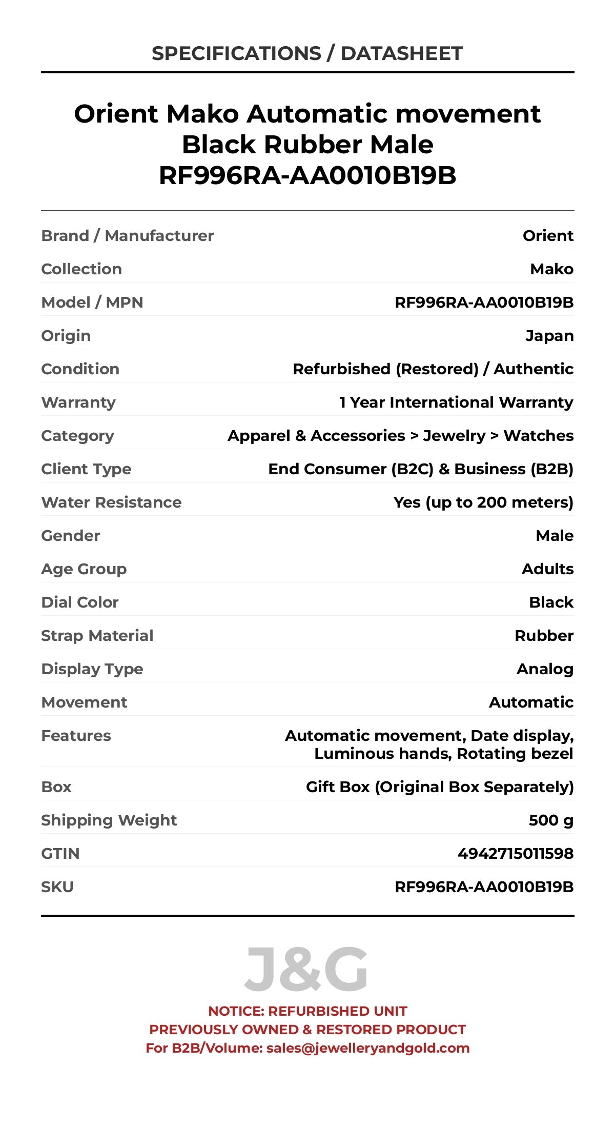 Orient Mako Automatic movement Black Rubber Male RF996RA-AA0010B19B - Specifications