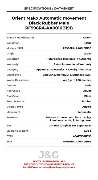Orient Mako Automatic movement Black Rubber Male RF996RA-AA0010B19B - Specifications