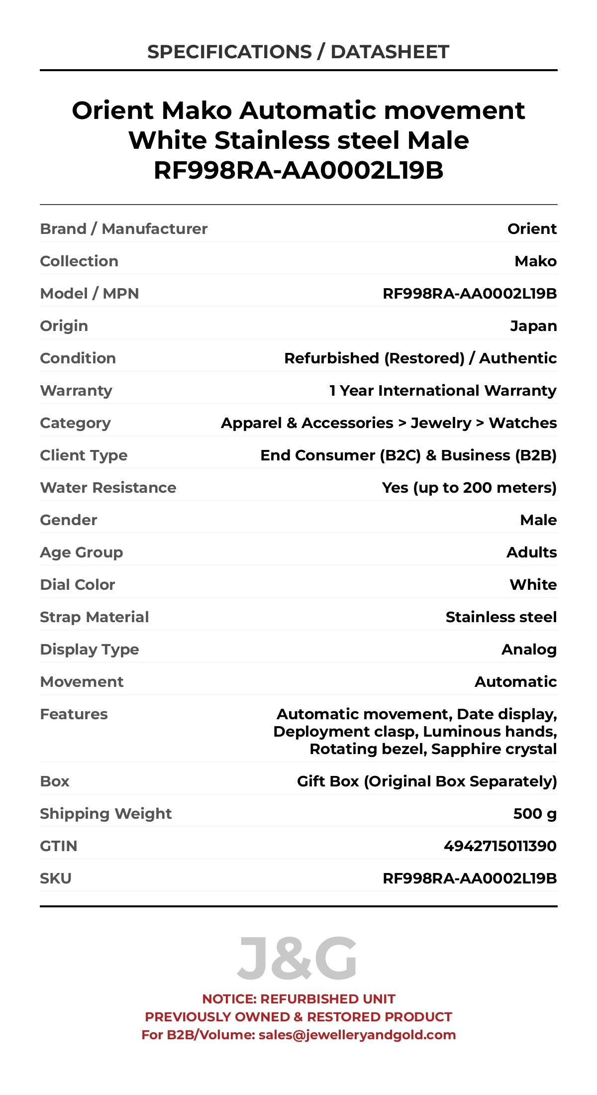 Orient Mako Automatic movement White Stainless steel Male RF998RA-AA0002L19B - Specifications
