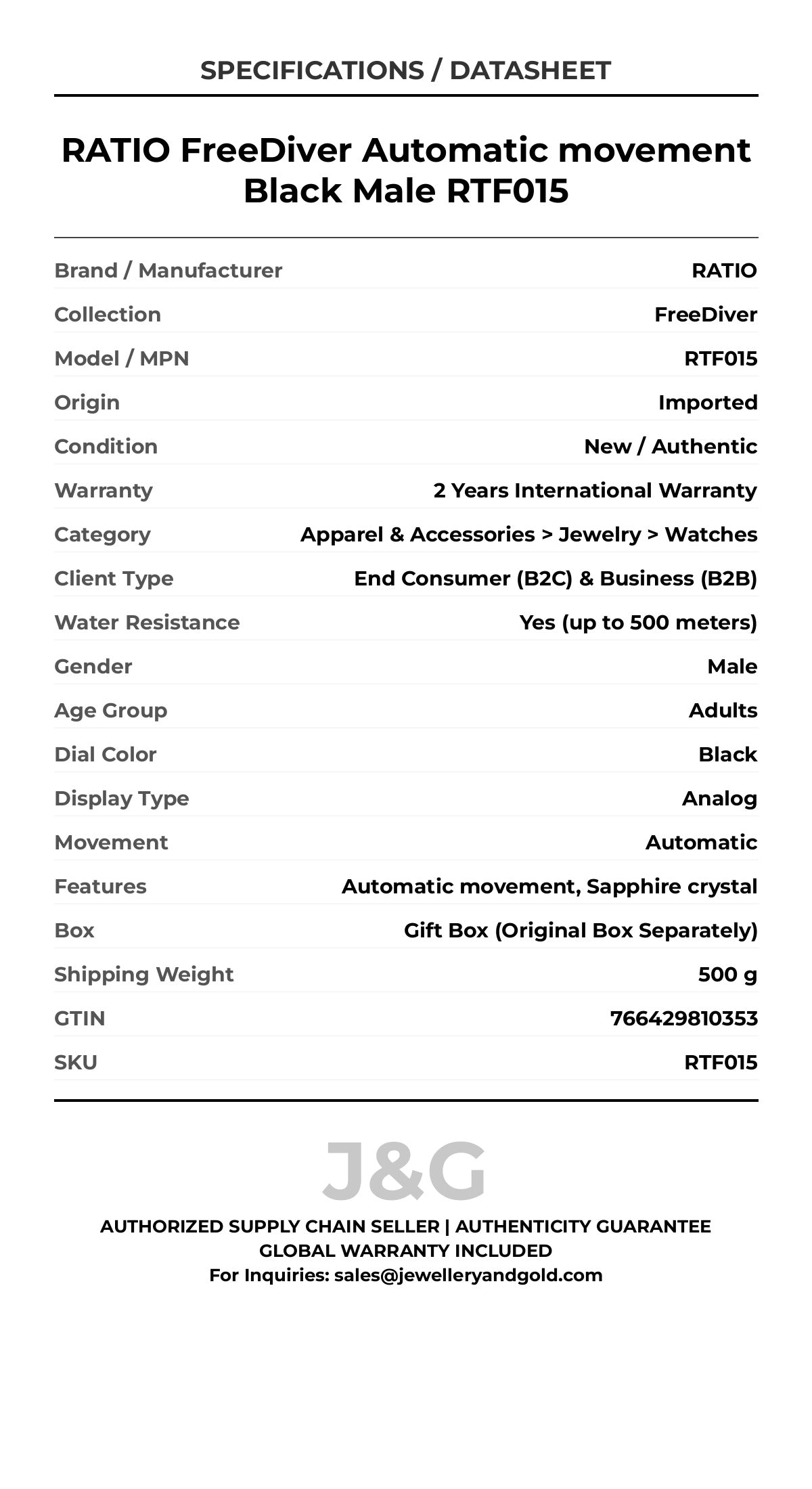 RATIO FreeDiver Automatic movement Black Male RTF015 - Specifications