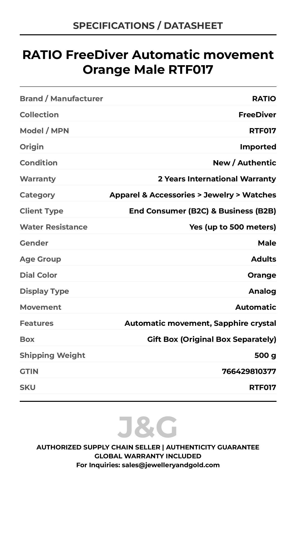 RATIO FreeDiver Automatic movement Orange Male RTF017 - Specifications